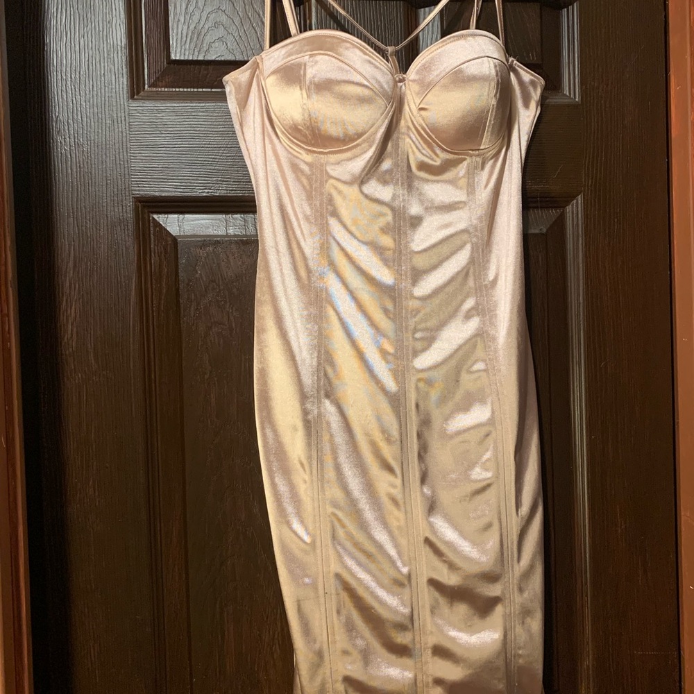 NYE Elegant Metallic Rose Gold Midi Dress
